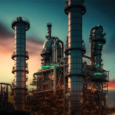 An oil refinery at sunset